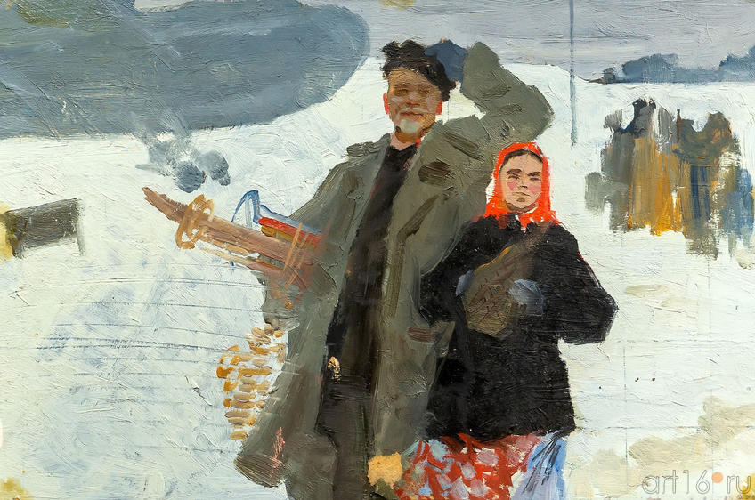 Фото №976765. Самолет в деревне, 1952, Фаттахов Л.А.; картон, масло 